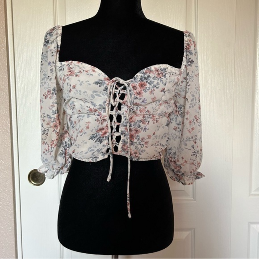 Blush‎ Boho Peasant Lace Up Front Crop Top Blouse Size Large
